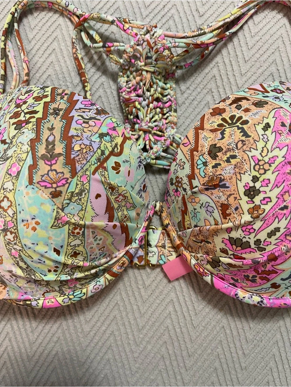 Victoria's Secret Paisley Bikini Top - Pink, Mint, Brown 32 DD copper shimmer